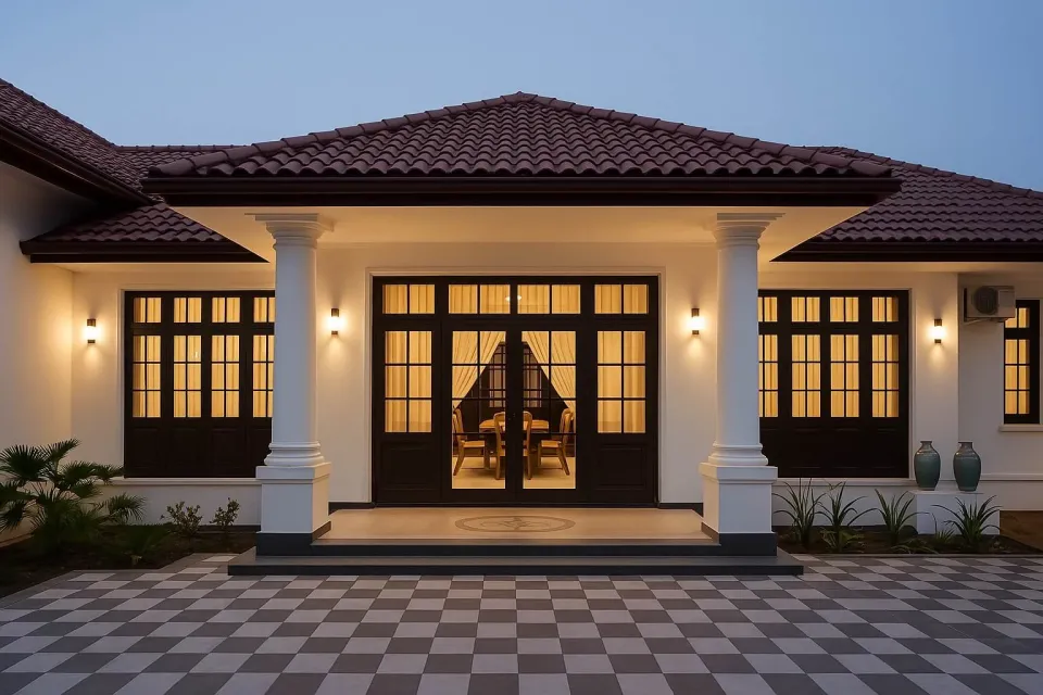 Jaffna House Construction: a private house built by Bliss, lit at dusk
