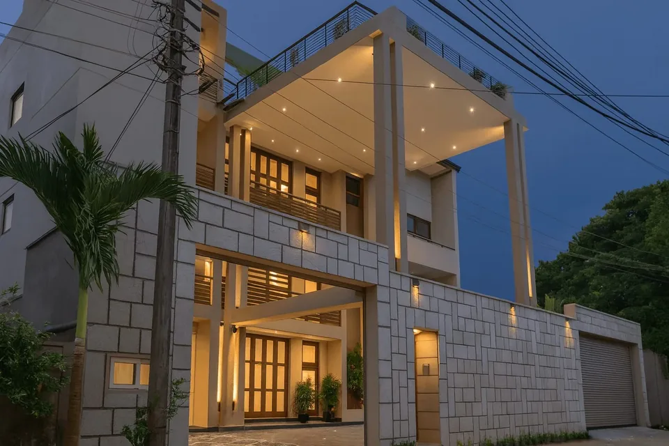 A private residence built by Bliss, lit at dusk